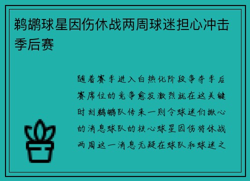 鹈鹕球星因伤休战两周球迷担心冲击季后赛