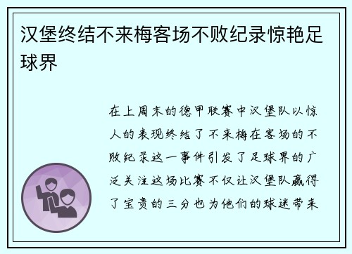 汉堡终结不来梅客场不败纪录惊艳足球界